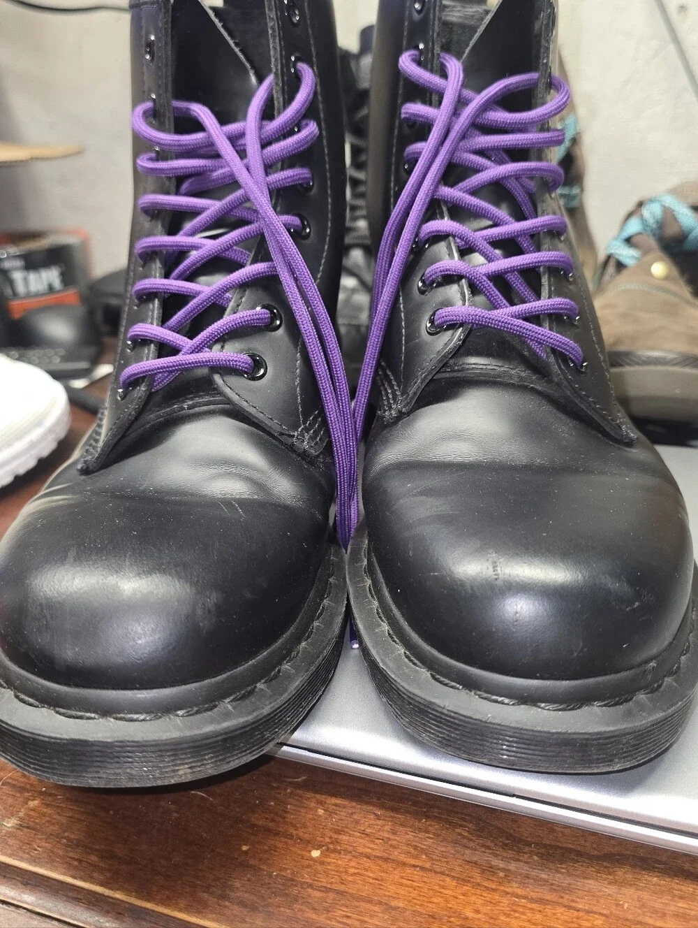 Doc Martins Black Leather Lace-Up Boots with Purple Laces 1460 MONO